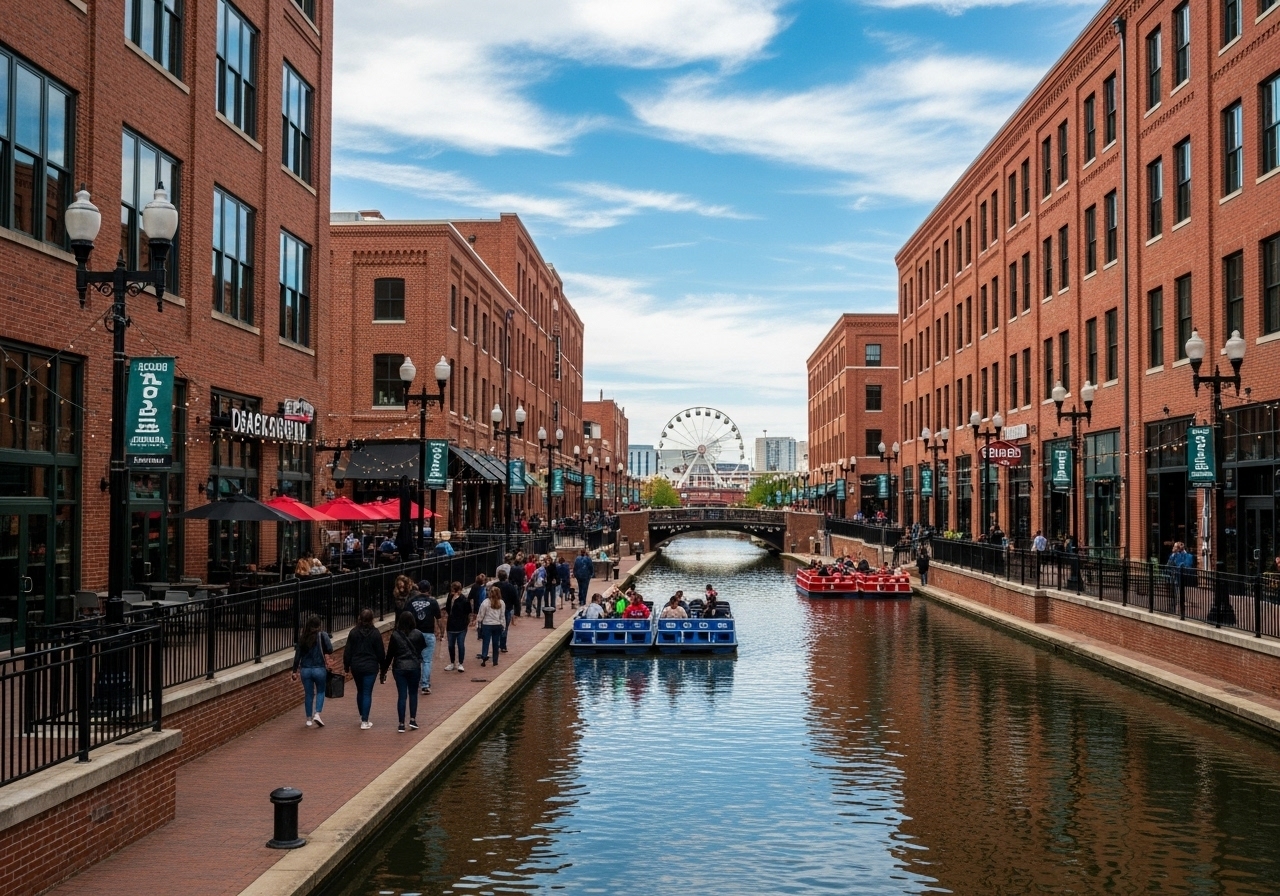 Scenic view of Oklahoma Cityβs Bricktown Canal at sunset