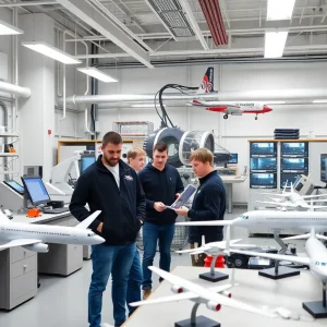 Students working in an aerospace engineering lab at Oklahoma City University