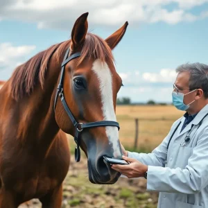 Veterinarian using AI technology for horse health diagnostics