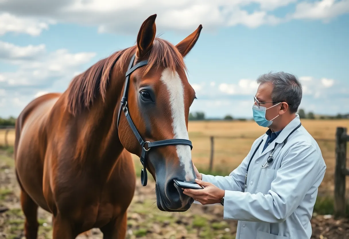 Veterinarian using AI technology for horse health diagnostics