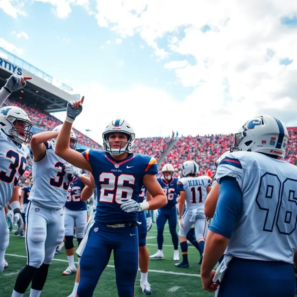 College football teams on the field during a game reflecting triumph and disappointment.