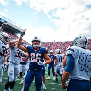 College football teams on the field during a game reflecting triumph and disappointment.