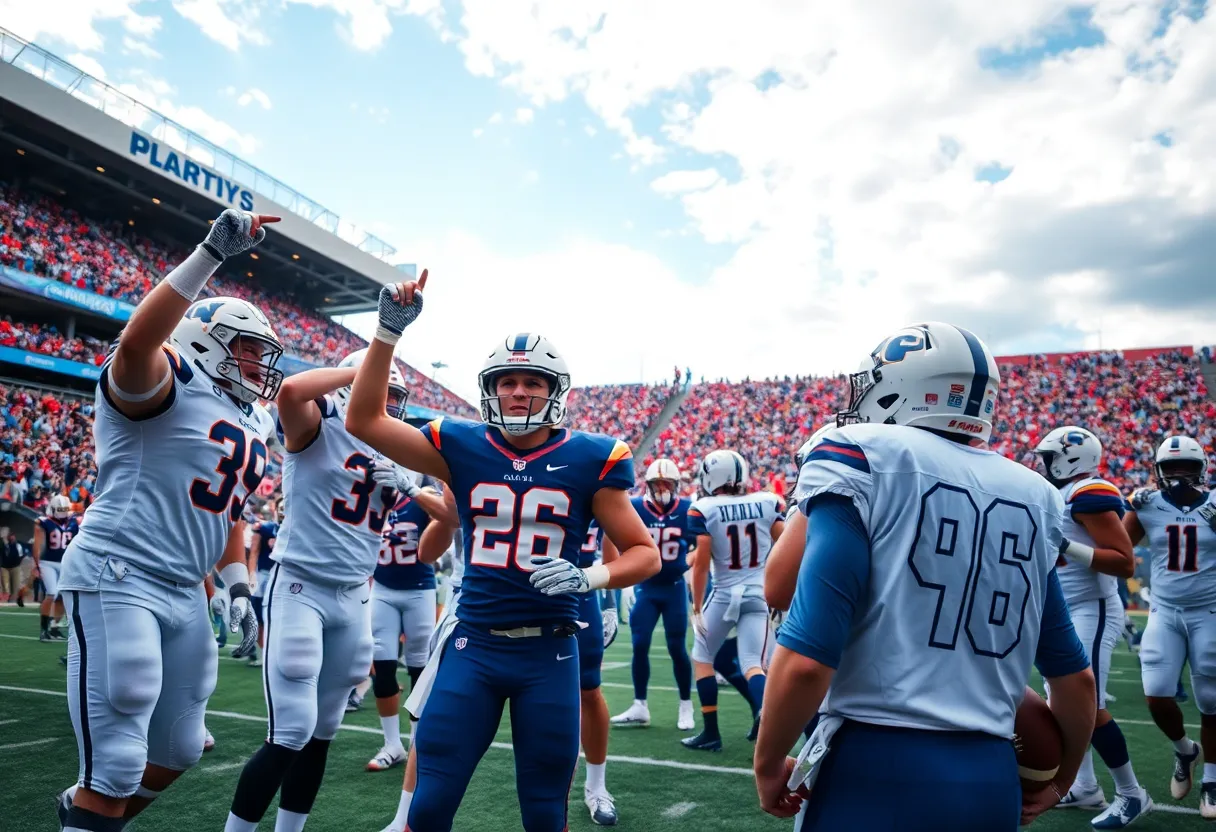 College football teams on the field during a game reflecting triumph and disappointment.