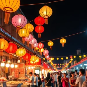 A lively Asian Night Market Festival scene with food vendors and colorful lanterns.