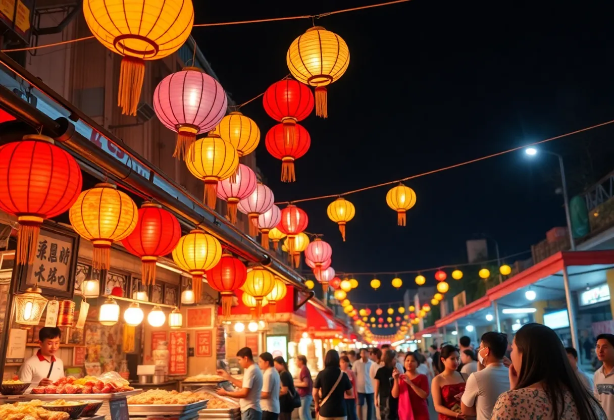 A lively Asian Night Market Festival scene with food vendors and colorful lanterns.