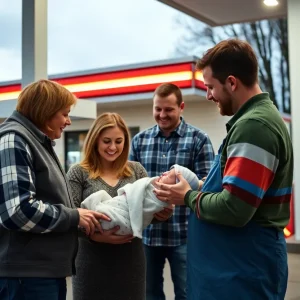 Gas station delivery scene showcasing community support