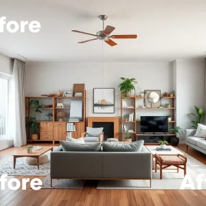 A side-by-side comparison of a cluttered living room and the same space after professional decluttering.