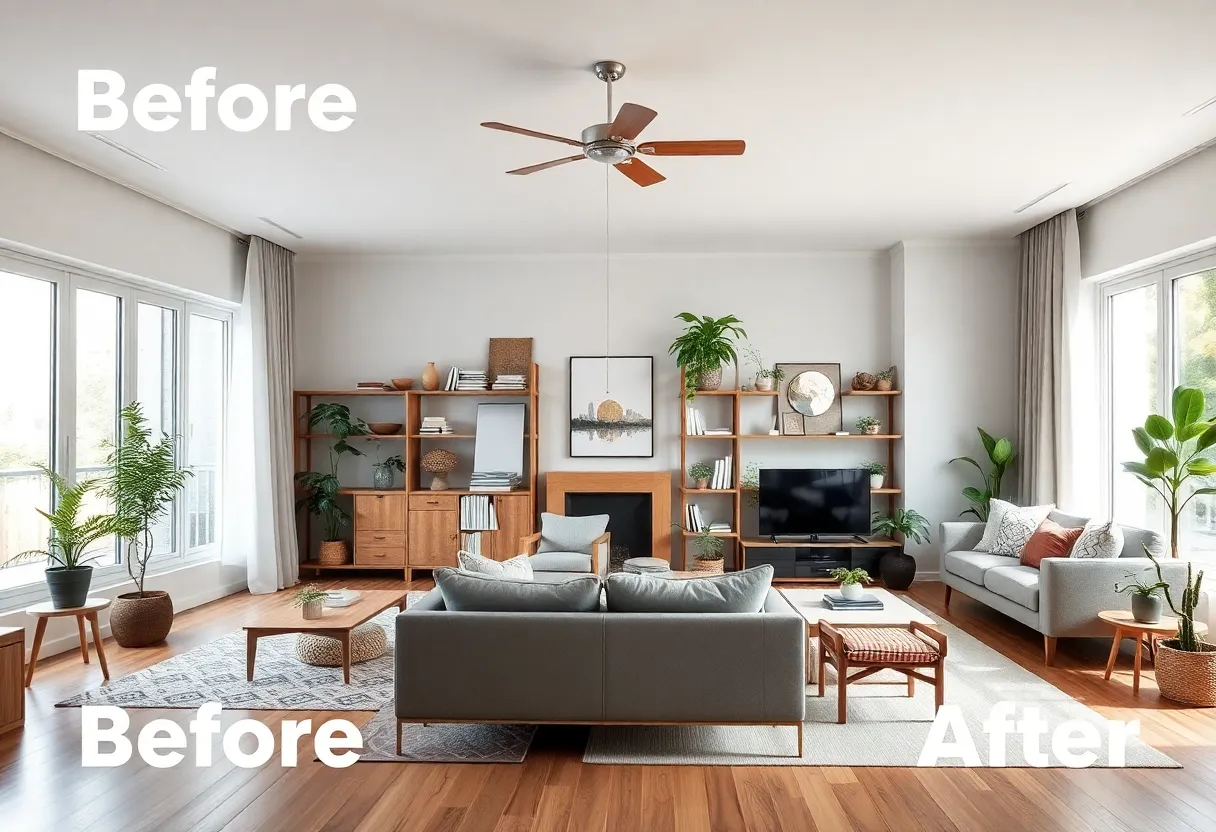 A side-by-side comparison of a cluttered living room and the same space after professional decluttering.