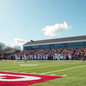 A group of college athletes training on the field representing the Oklahoma Sooners.
