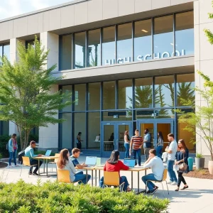 Exterior view of Belle Isle Enterprise High School with students