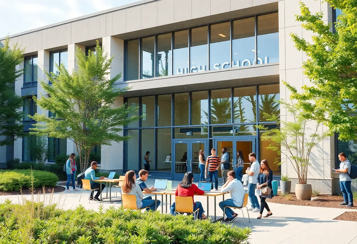 Exterior view of Belle Isle Enterprise High School with students