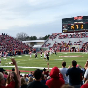 Bixby Spartans celebrating after winning 92-0 against Enid.