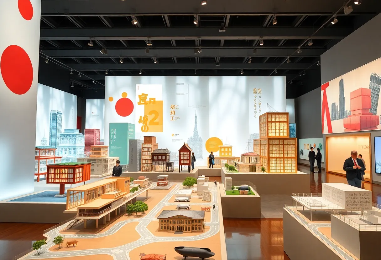 Visitors engaging with the Blueprint Tokyo exhibit showcasing Japanese architecture