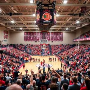 Interior view of the BOK Center during a basketball tournament, filled with cheering fans