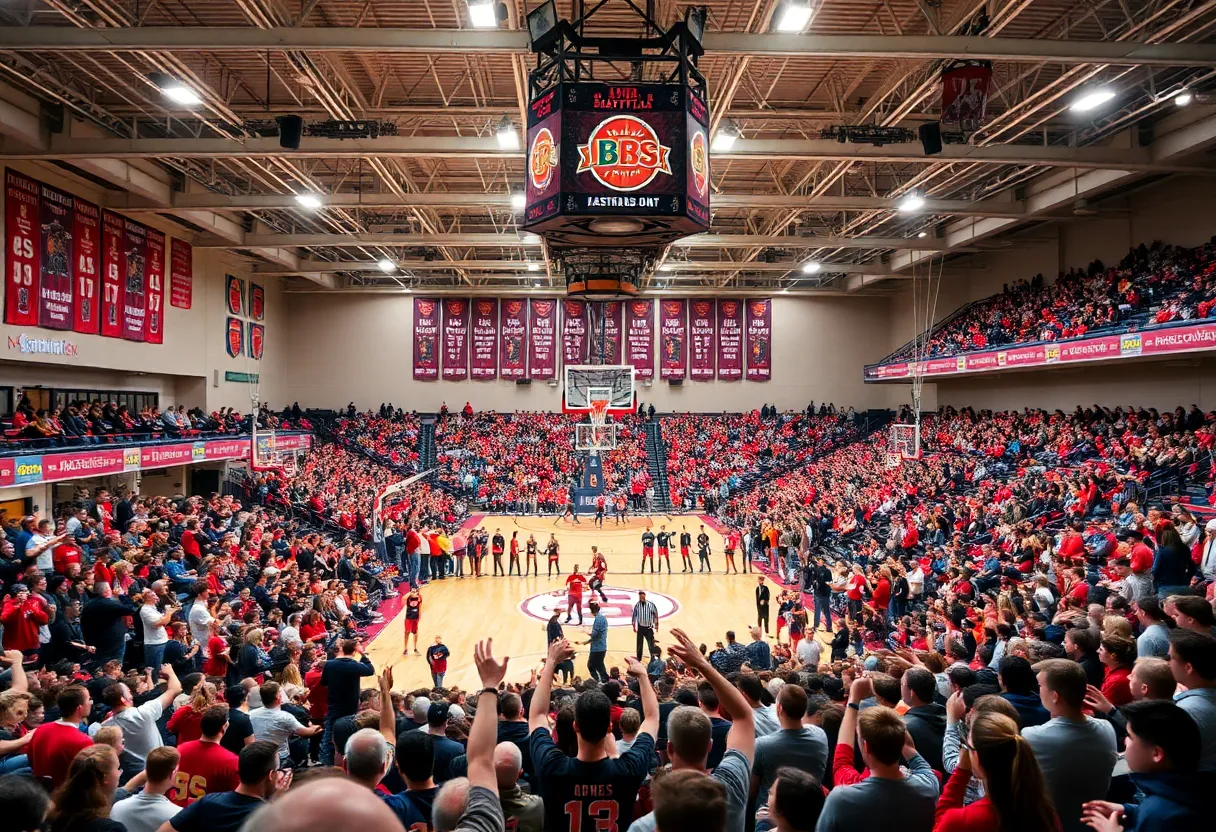 Interior view of the BOK Center during a basketball tournament, filled with cheering fans