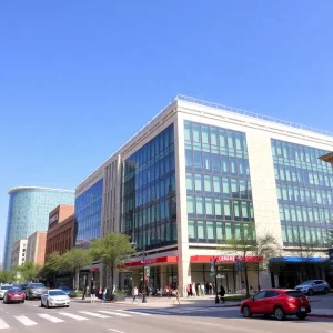 Exterior view of BOK Financial headquarters showcasing modern architecture in a financial district.