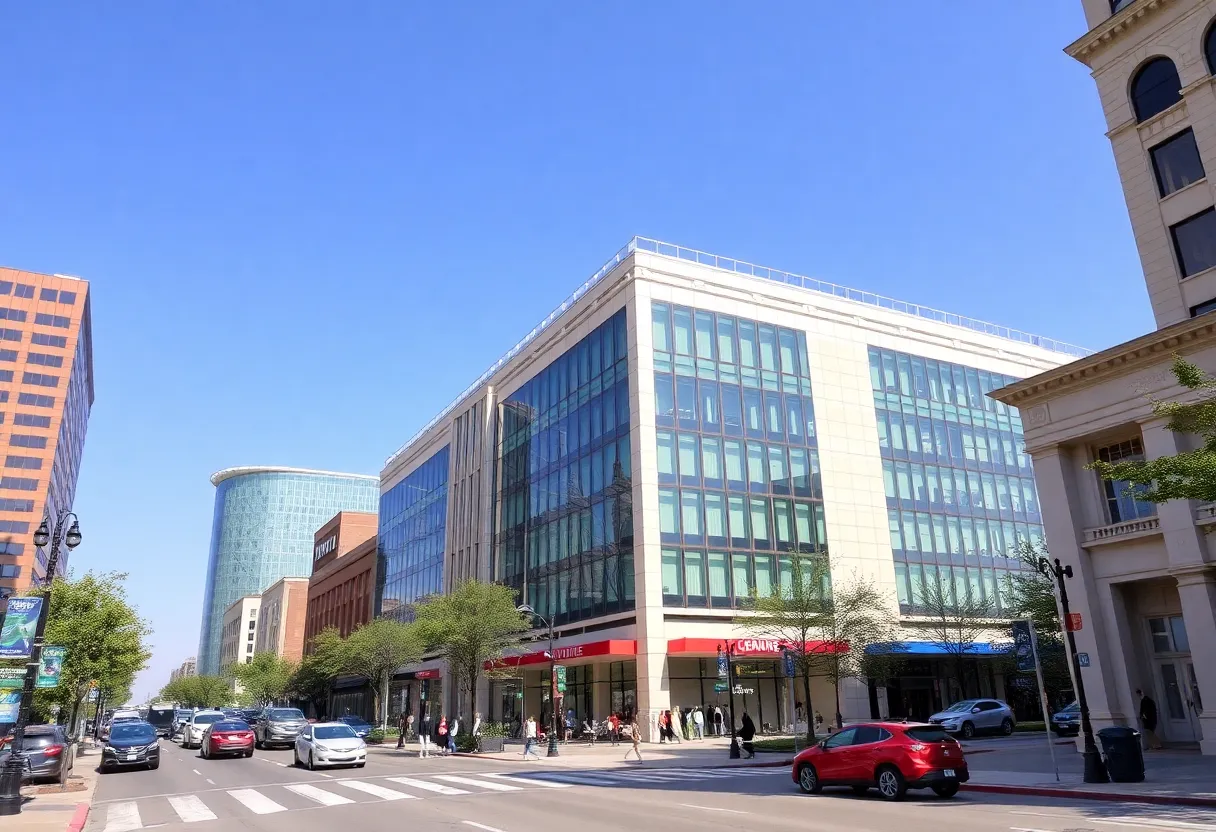 Exterior view of BOK Financial headquarters showcasing modern architecture in a financial district.