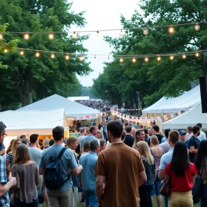 A bustling film festival with filmmakers and attendees networking.