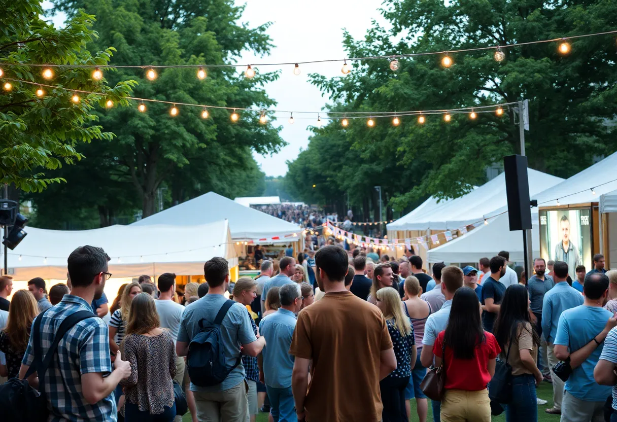 A bustling film festival with filmmakers and attendees networking.