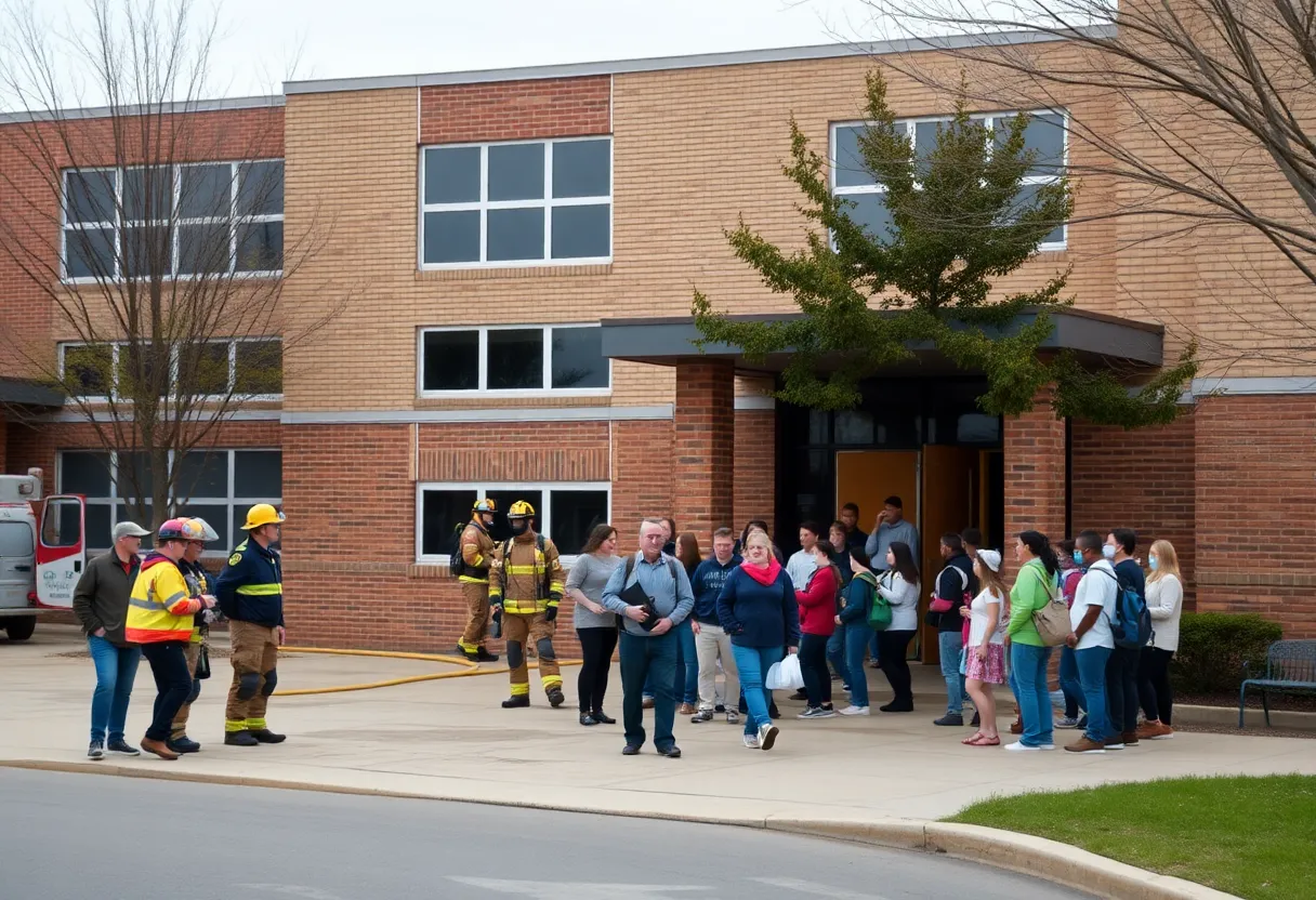 Firefighters and community members outside Byng School post-fire