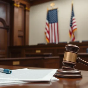 Courtroom with legal documents representing campaign finance controversies.