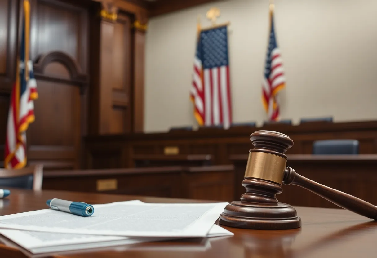 Courtroom with legal documents representing campaign finance controversies.