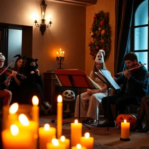 String quartet performing spooky music by candlelight at the Halloween event.