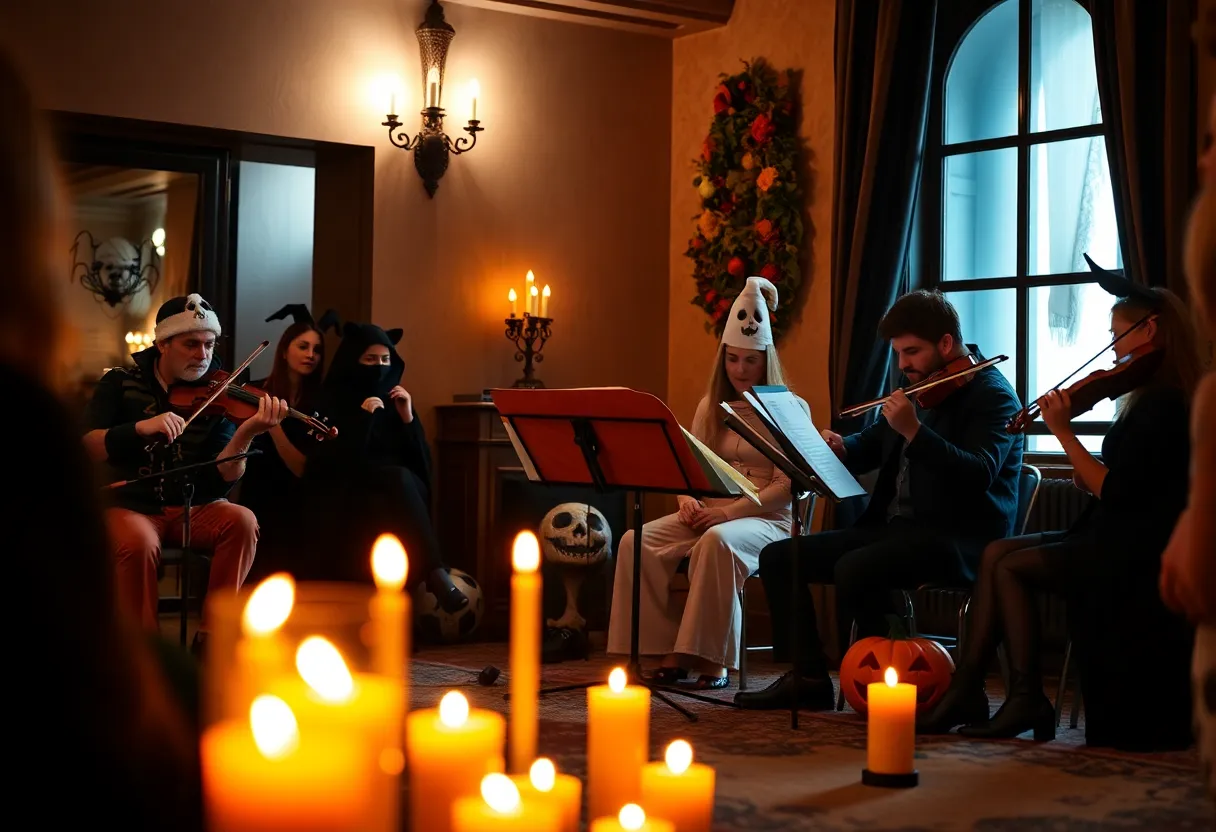 String quartet performing spooky music by candlelight at the Halloween event.