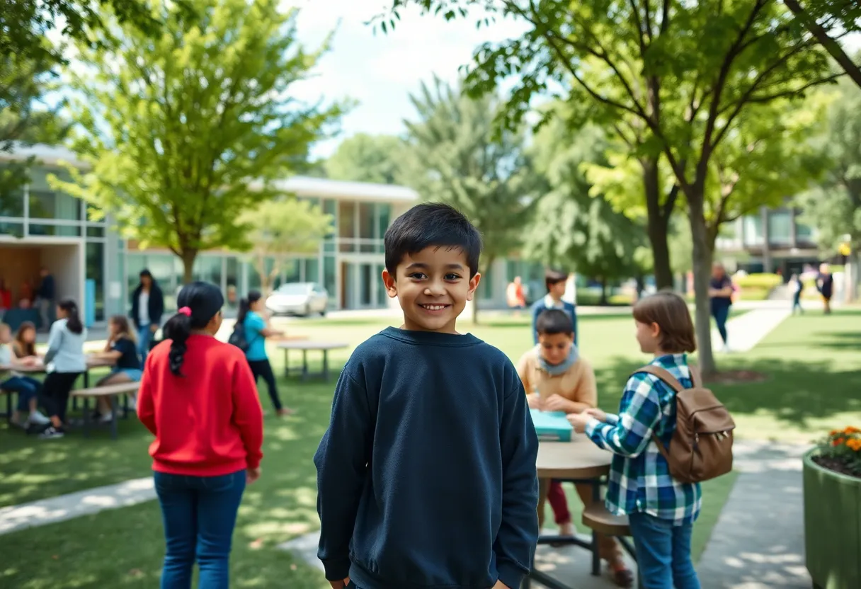Festive opening ceremony at Centennial Center and Park with families and students.