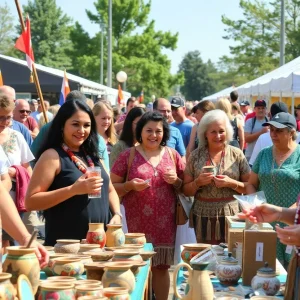 Crowd at Cherokee Arts Market with artists showcasing pottery and jewelry
