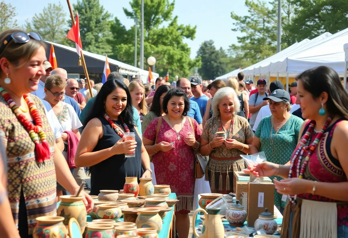 Crowd at Cherokee Arts Market with artists showcasing pottery and jewelry