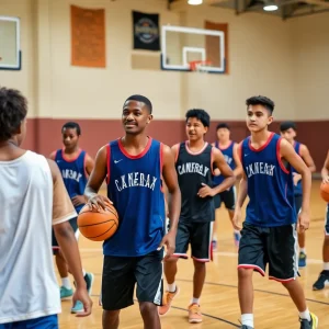 Young basketball players training on the court