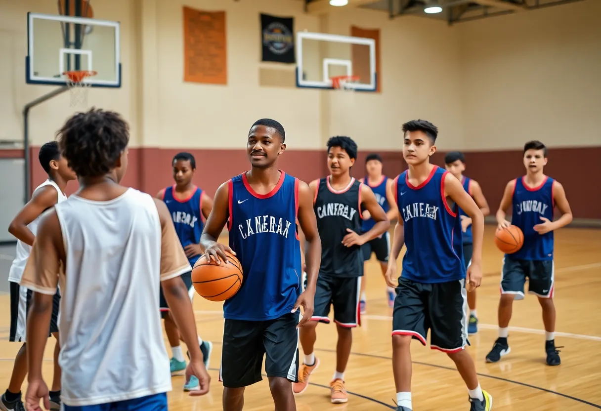 Young basketball players training on the court