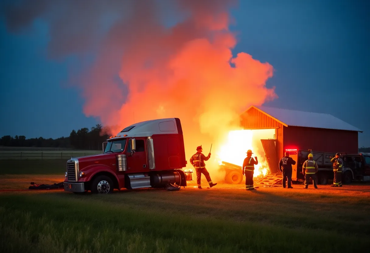 Truck crashed into a barn with flames and smoke in Choctaw, Oklahoma
