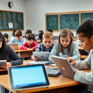 Students engaged with technology in the classroom