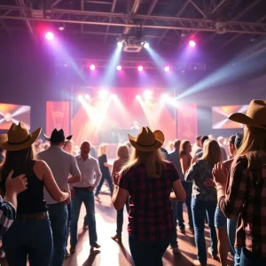 Crowd enjoying the Cold Beer & Country Music Tour concert with line dancing.