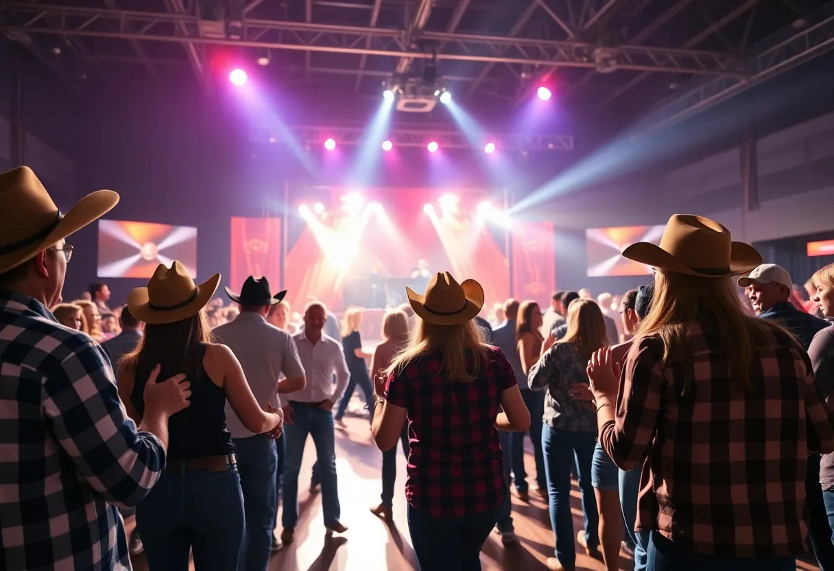 Crowd enjoying the Cold Beer & Country Music Tour concert with line dancing.