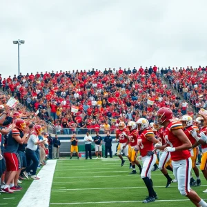 Exciting college football game with fans cheering in the stands.