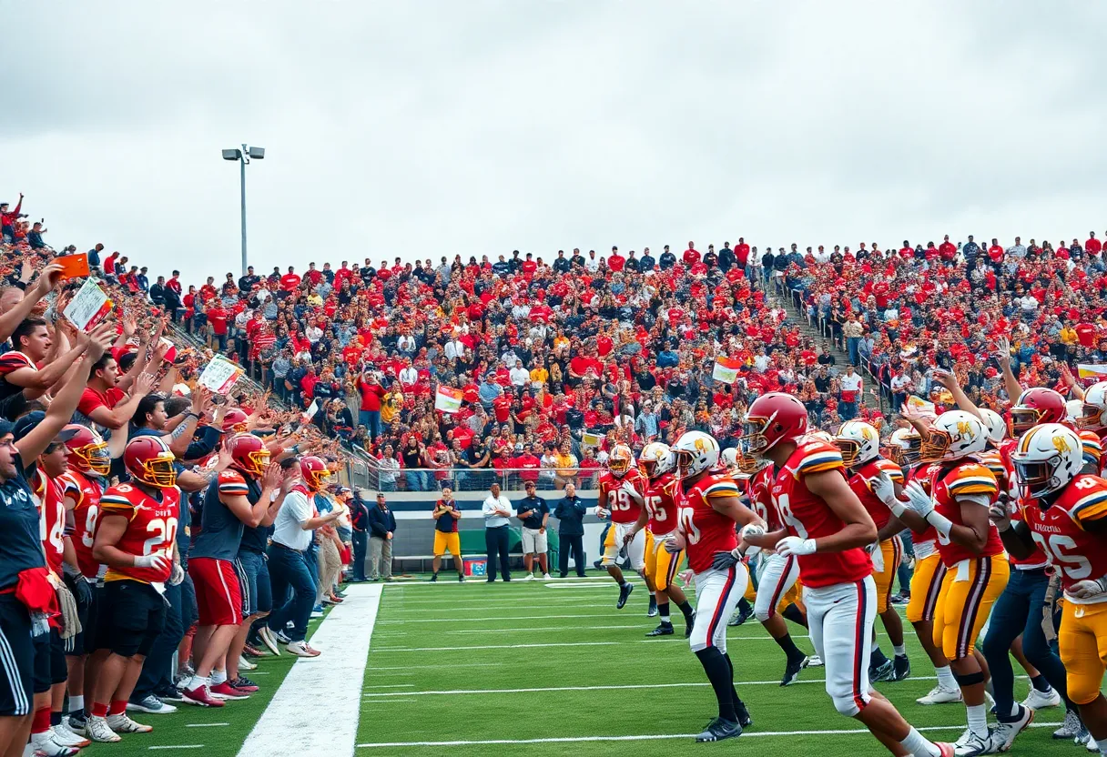 Exciting college football game with fans cheering in the stands.