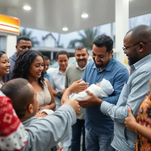 Celebration of a newborn at a gas station with community support