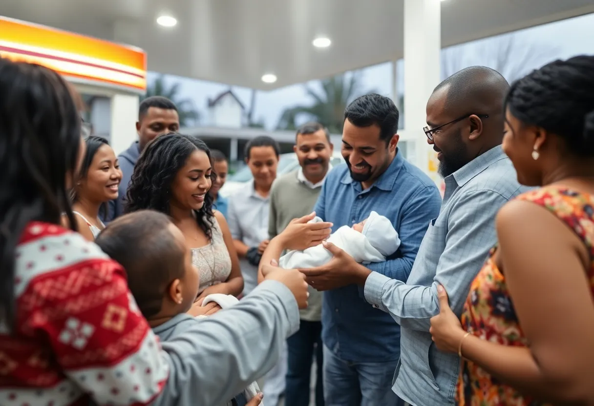 Celebration of a newborn at a gas station with community support