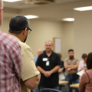 Community members discussing gun safety at a workshop in Edmond, Oklahoma.