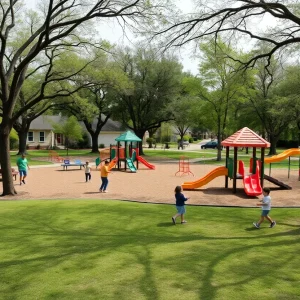 A lively park in Oklahoma City with children playing and trees surrounding the area.