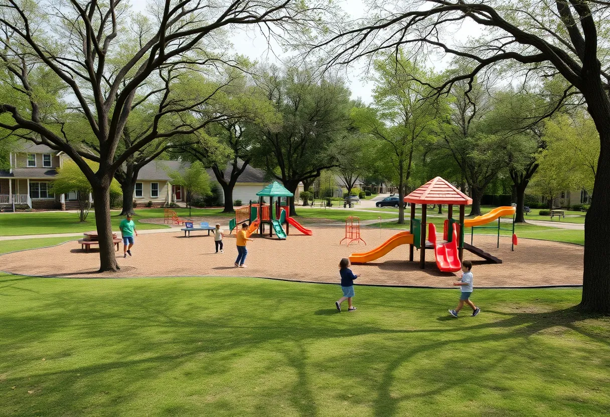 A lively park in Oklahoma City with children playing and trees surrounding the area.