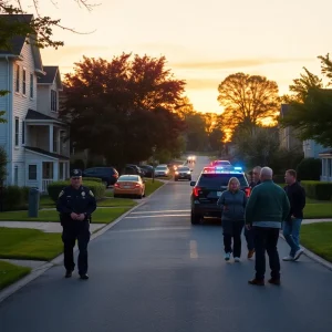 Community members and police searching for a missing elderly person in a suburban neighborhood