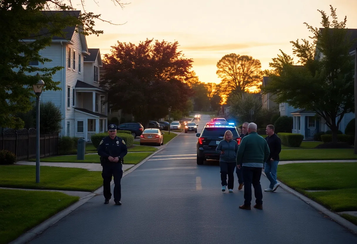 Community members and police searching for a missing elderly person in a suburban neighborhood