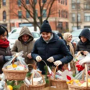 Volunteers preparing Thanksgiving food baskets in Oklahoma City.