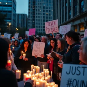 Community members holding candles at a vigil for justice in an urban area.