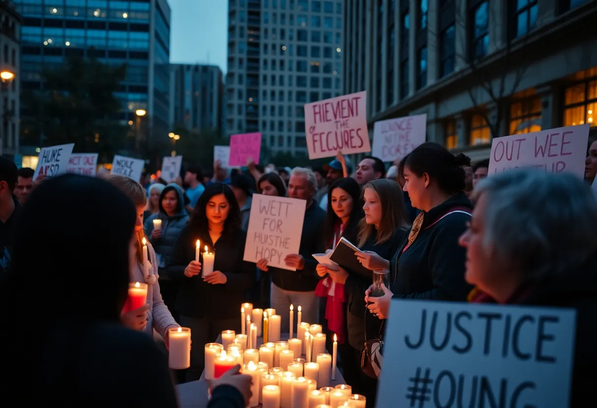Community members holding candles at a vigil for justice in an urban area.