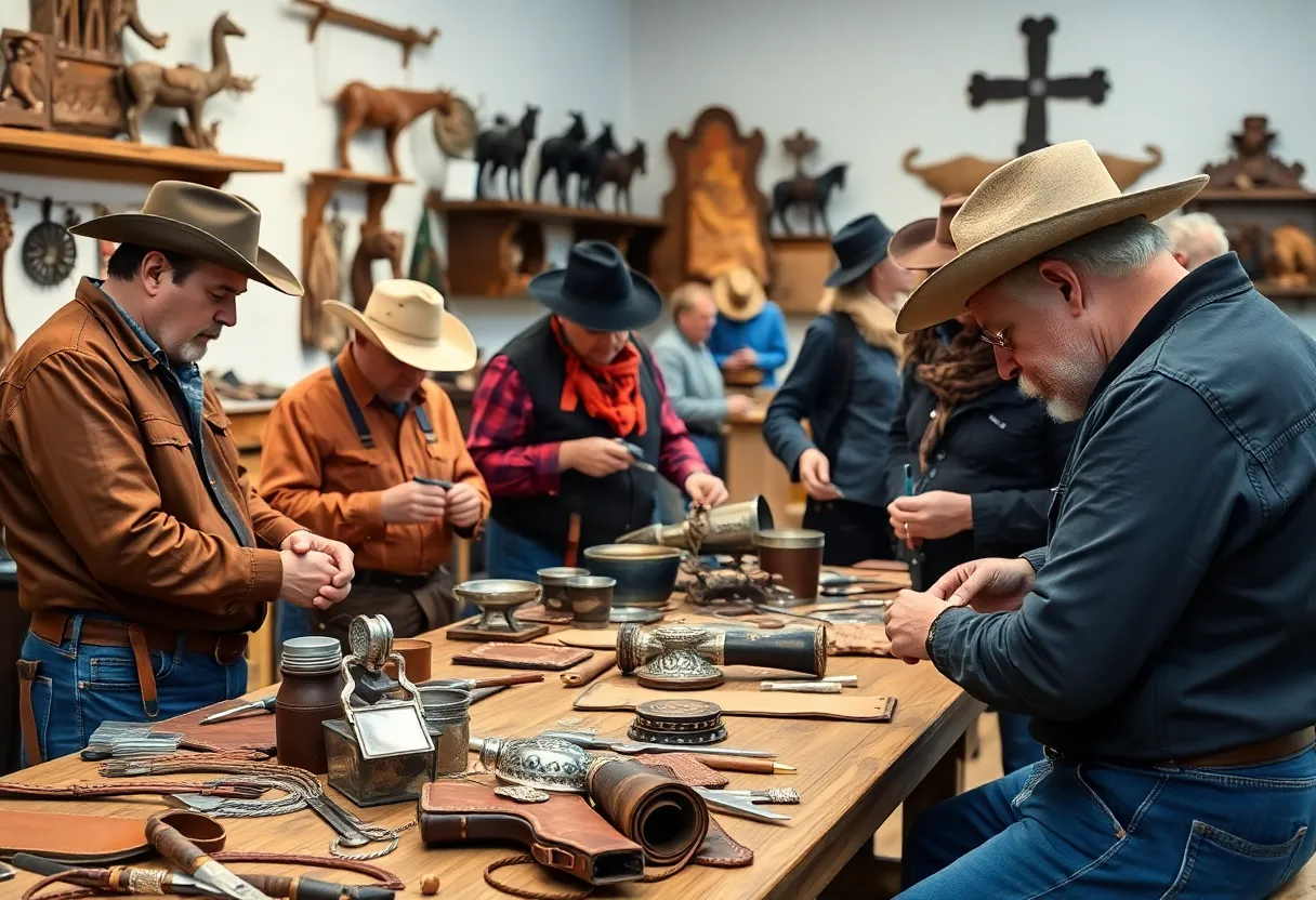 Artisans demonstrating cowboy arts at an exhibition